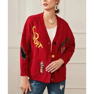Embroidered Cable Knit Red Patchwork Chunky Cardigan 90s Sporty Grandpa Large